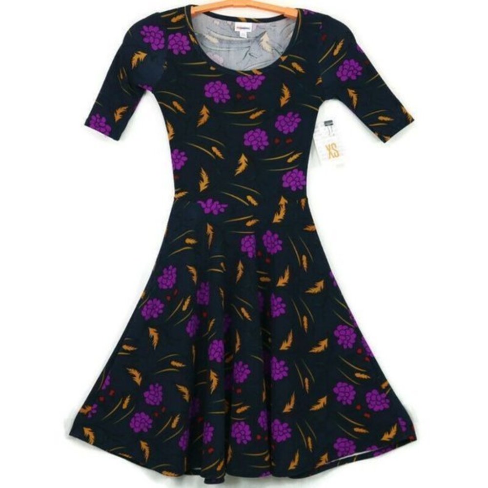 LuLaRoe Nicole Fit & Flare A-Line Dress Navy Blue Purple Gold Red Floral XS